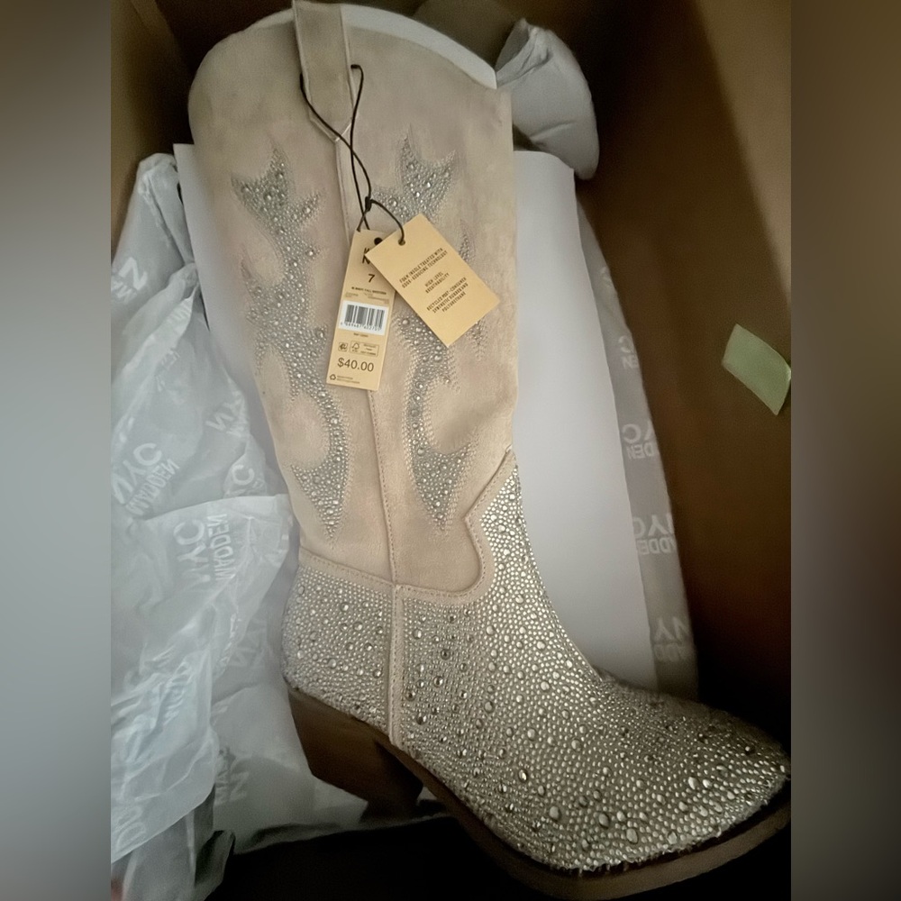 Steve Madden W MNYC Silver Glitter Tall Western Boots Size 7